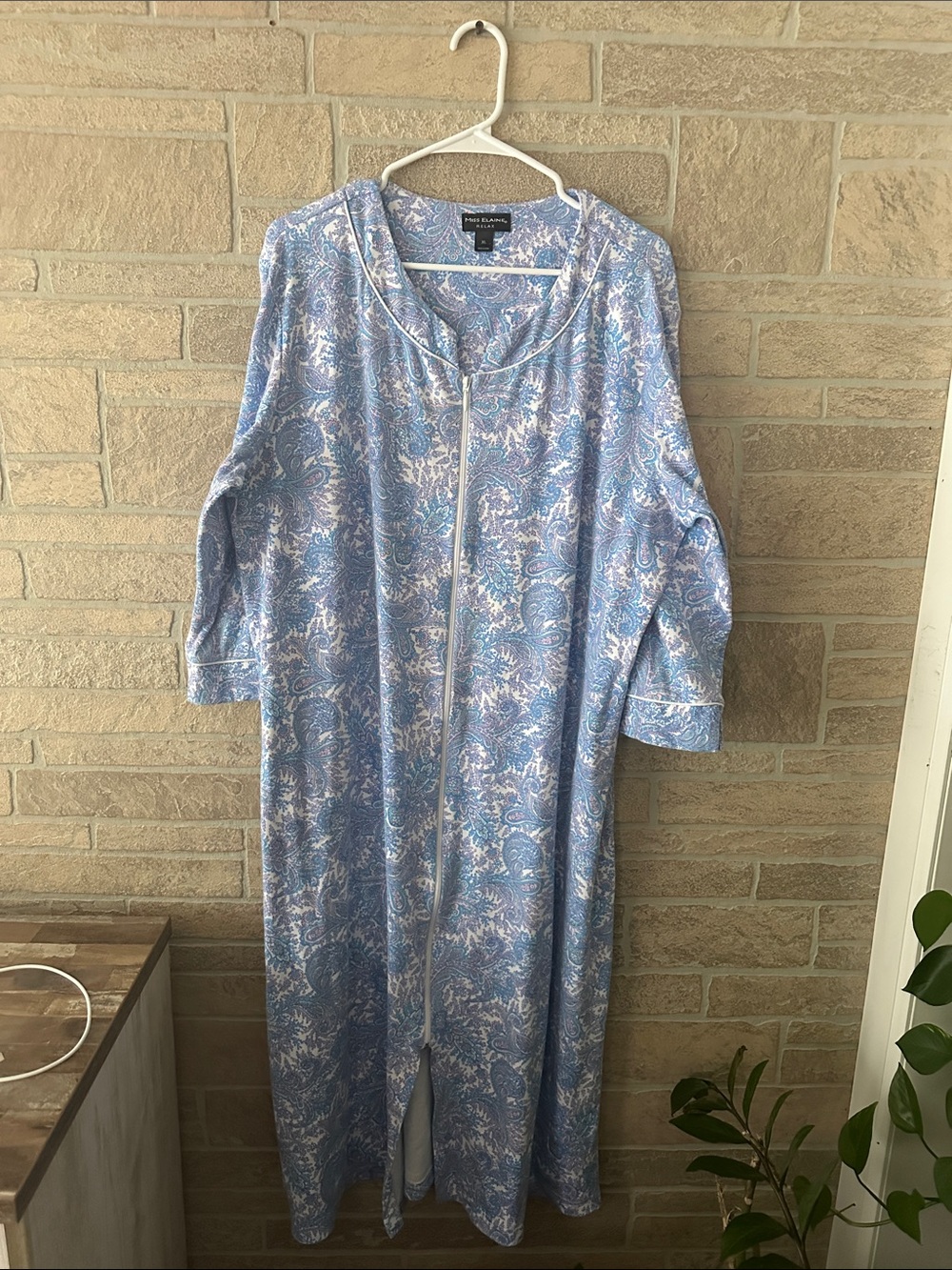 Miss Elaine Soft Blue Modest Paisley Nightgown Size XL Zip Up
